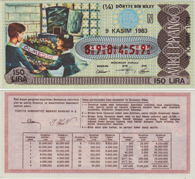 Eski Milli Piyango 1/4 Bilet 9 Kasım 1983 Çeyrek. 10 Kasım Temalı. 150 Lira. Teşhir Ürün
