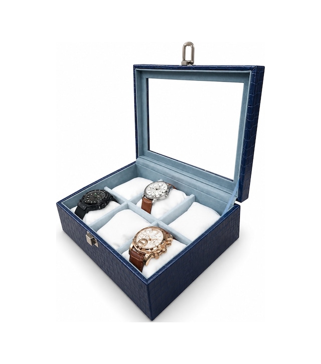 Saat Kutusu 6'lı Lacivert Kroko Ahşap