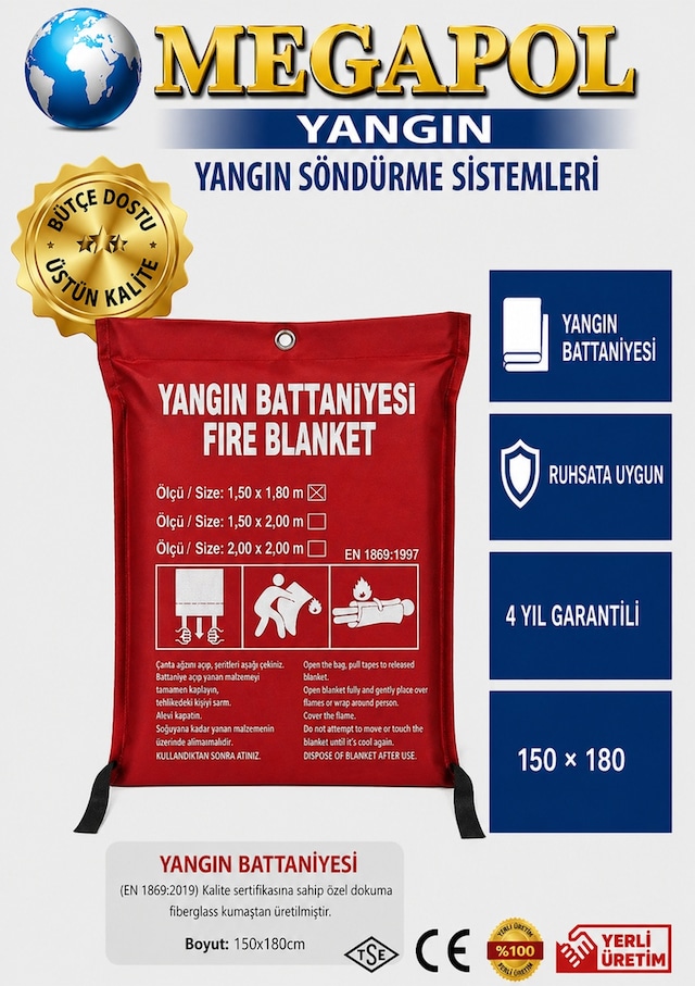 Yangın Battaniyesi 150 180 Ebatında, Acil Durum Yangın Battaniyesi