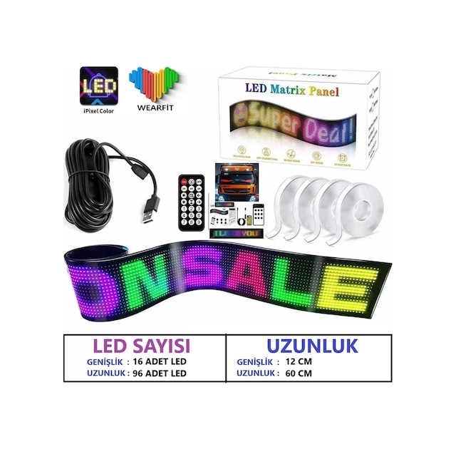 Wearfitpro Matrix Led Panel Cama Yapışan Telefon Kontrollü Otomobil Led,tırcı Kamyon Led Uznluk60cm-geniş12cm