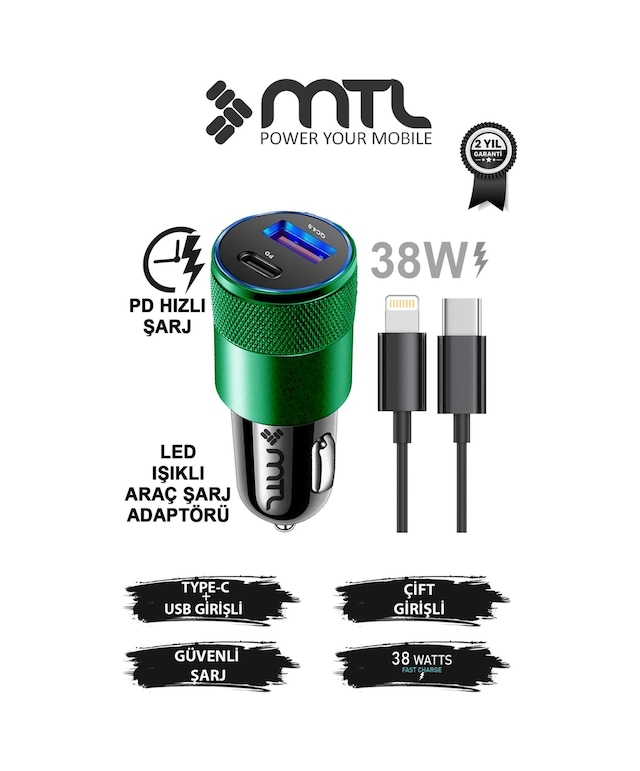 Araç Şarj Aleti Çakmaklık 38w Lightning Type-c + Usb Çift Portlu - Qualcomm Qc 4.0 Desteği Mt-a1834