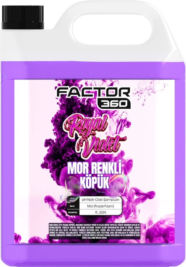 Factor360 Royal Violet Mor Renkli Oto Yıkama Köpüğü Oto Şampuan 1:15 Konsantre 5 L