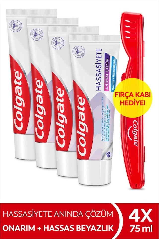 Colgate Hassasiyete Anında Çözüm Onarım ve Hassas Beyazlık Diş Macunu 75 ml X 4 Adet Fırça Kabı Hediye