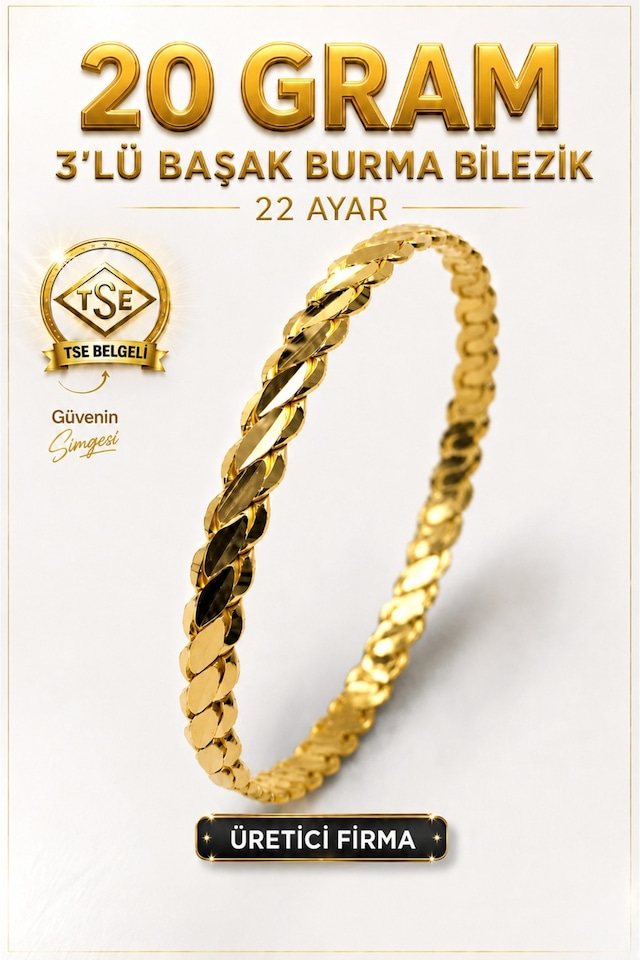 22 Ayar Tse Belgeli 20 Gram 3'lü Başak Burma Bilezik Altın Gold Bilezik Düğün Nişan