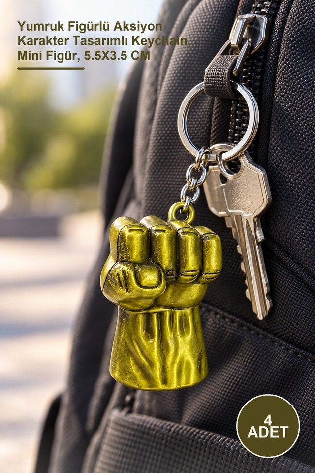 4 Adet Metal Anahtarlık Yumruk Figürlü Aksiyon Karakter Tasarımlı Keychain, Mini Figür, 5.5x3.5 Cm