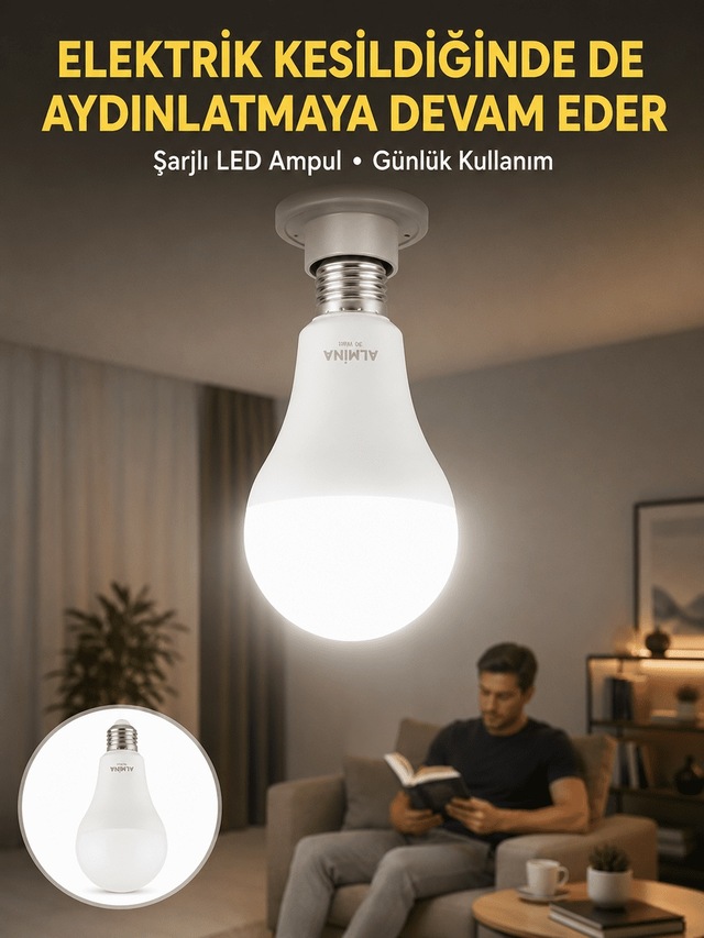 Acil Durumlar İçin Şarjlı Led Ampul 6400k Soğuk Beyaz 30 Watt Yen