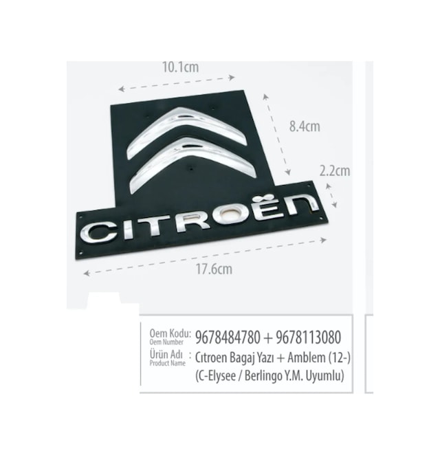 Citroen C-elysee / Berlingo Yeni Kasa Bagaj Yazısı Ve Amblem Seti 2012 & Sonrası Abs Plastik 3m Bant