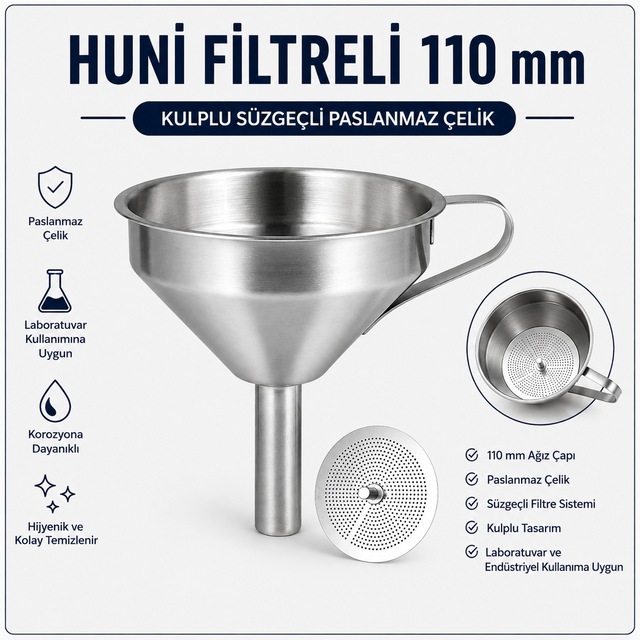 Huni Filtreli 110 Mm - Kulplu Süzgeçli Paslanmaz Çelik
