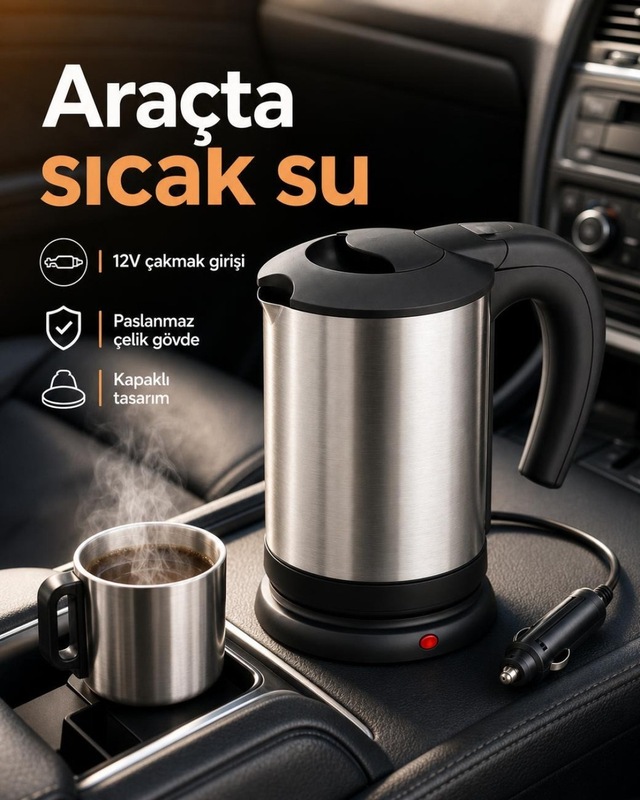 Seyahat Tipi 12v Araç Çakmak Girişli Paslanmaz Çelik Su Isıtıcı Kettle
