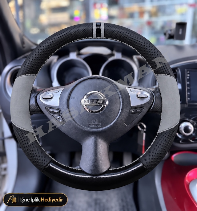Nissan Juke Dikme Direksiyon Kılıfı Delikli Deri Parlak Siyah Gri Detay Çift Yüzük Ve Dikiş Tekna-platinum-çift Tarafı Tuşlu 2014-2019