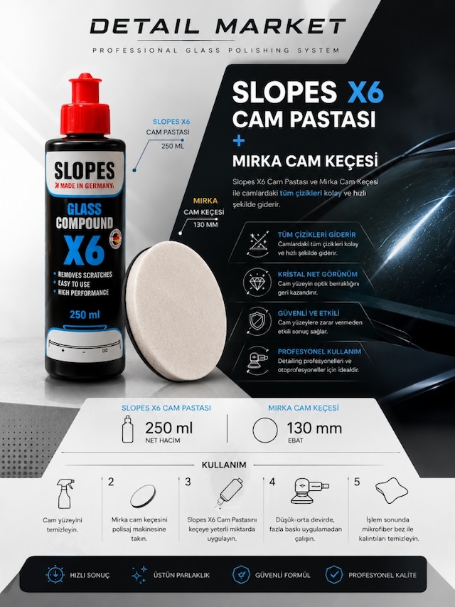 Slopes Cam Çizik Giderici Pasta 250 Ml Ve Mirka Cam Keçesi 130 Mm Set