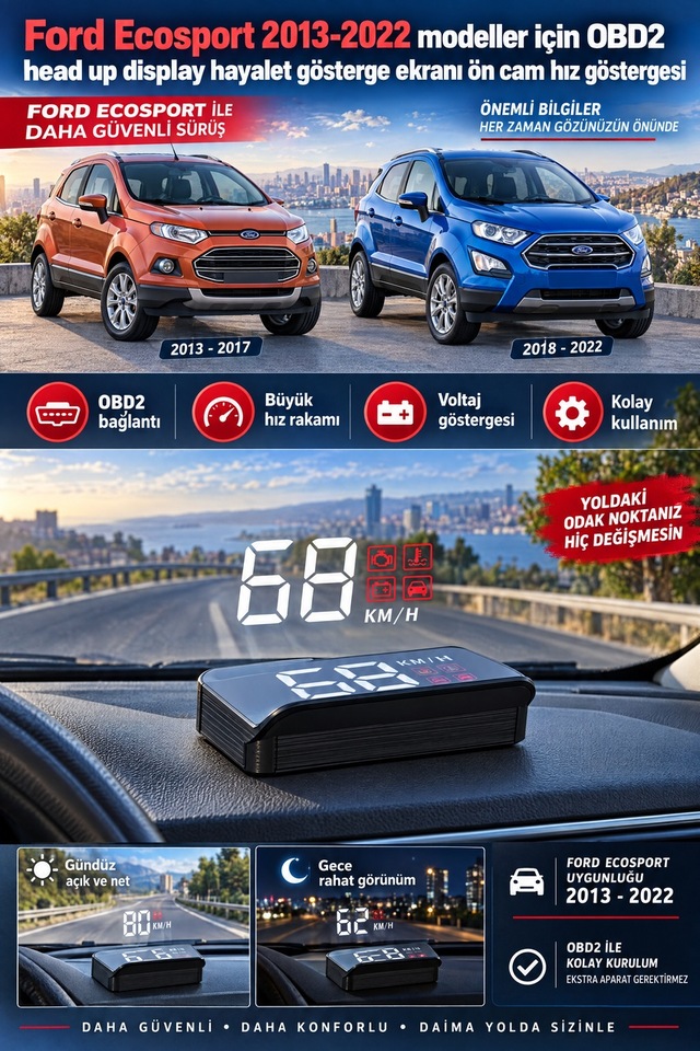Ford Ecosport 2013-2022 Modeller İçin Obd2 Head Up Display Hayalet Gösterge Ekranı Ön Cam Hız Göstergesi