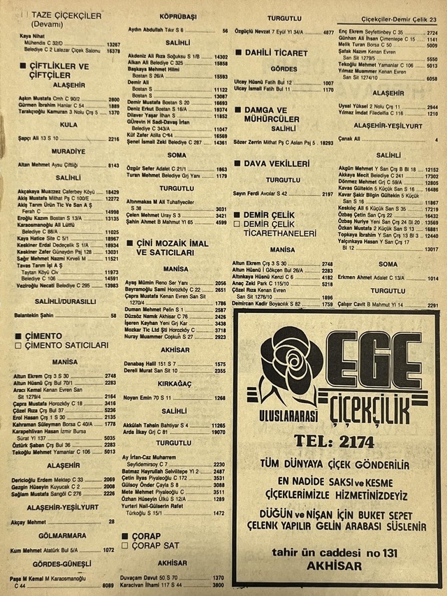 Manisa 1987 Meslek Reklam İlanı Efemera S-23 Teşhir Ürün