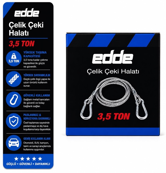 Edde Araba Araç Oto Çelik Çeki Halatı 3,5 Ton Araç Çekme Halatı