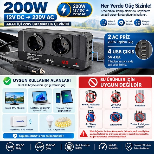 Techmore 200 Watt 12 Volt To 220 Volt Cakmaktan Çevirici Socket Converter Modified Sinus Invert