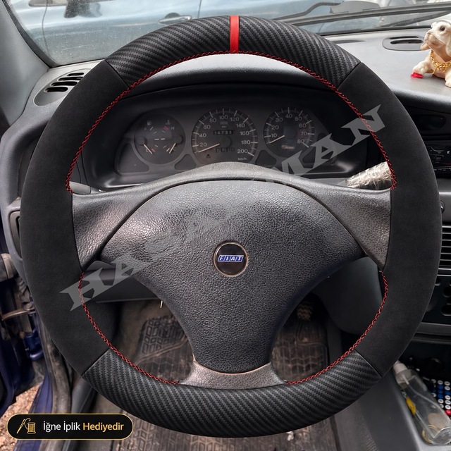 Fiat Bravo Dikme Direksiyon Kılıfı Alcantara Süet Mat Karbon Kırmızı Yüzük Ve Dikiş Spor 3 Kollu 1996-2002