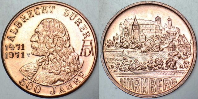 Almanya Albrecht Dürer 500. Yıl 1471 - 1971 Ve Doğum Yeri Nürnberg Temalı Mini Madalyon. 18 Mm Çapında. Çil Kondisyon Teşhir Ürün