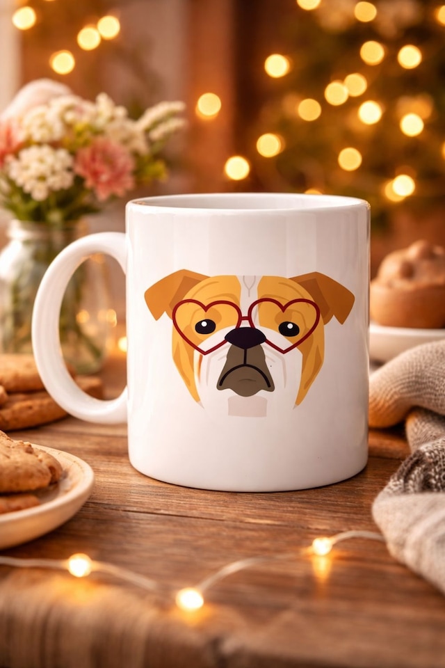Kalpli Gözlüklü İngiliz Bulldog Tasarımlı Porselen Kupa Model 52 Sevimli Köpek Desenli Kahve & Çay