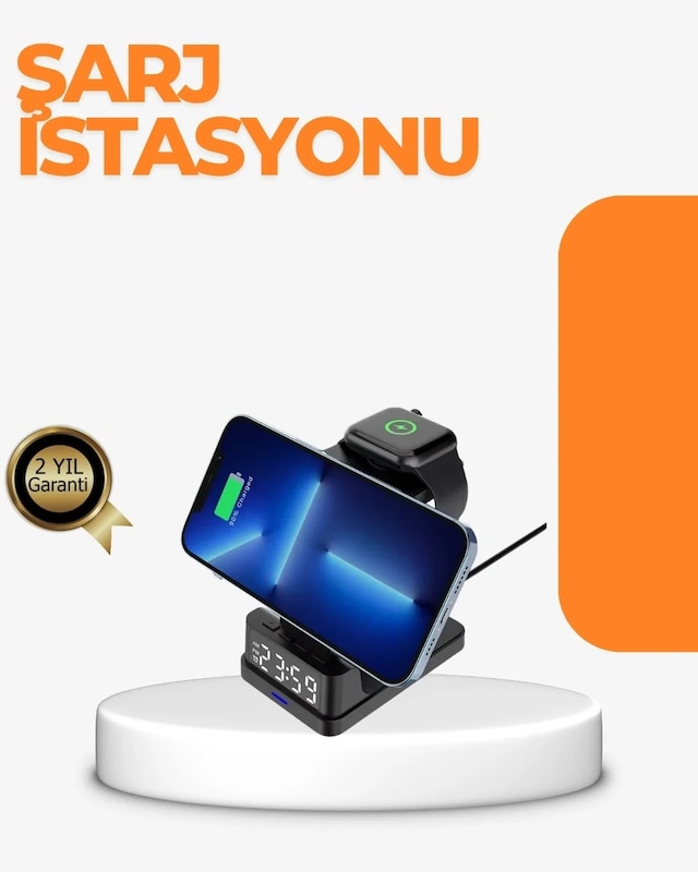 Ers 4 Ü 1 Arada Kablosuz Şarj İstasyonu Led Saat Ekranlı, Akıllı Güvenlik Koruması