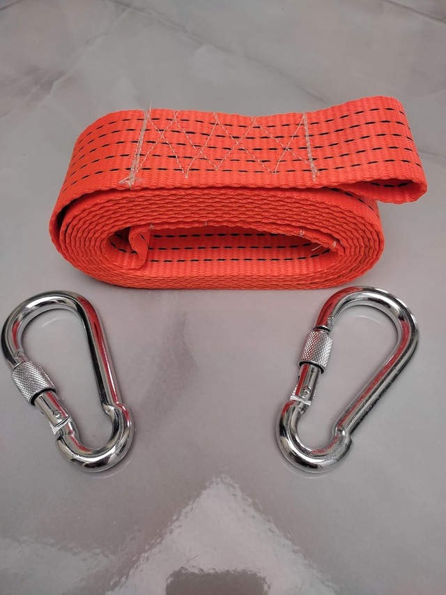 Çeki Halatı 3 Ton 5 M Çekme Halatı Kumaş 10 Mm Vidalı Metal Çengelli Karabinalı, Turuncu Kumaş Çeki Halatı,