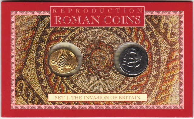 Reprodüksiyon-roma 'nın Britanya'yı İşgali 2 Li Sikke Seti. Sezar Ve Kelt Sikkeleri. Özel Kitinde.