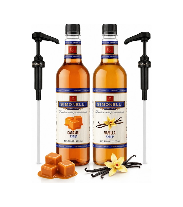 Simonelli Karamel & Vanilya Aromalı Gurme Kahve ve Kokteyl Şurubu Seti 2 x 700 ML + Pompa
