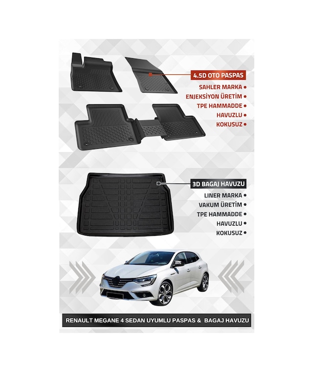 Sahler Renault Megane 4 Sedan 2016+ Uyumlu 4.5d Premium Havuzlu Oto Paspas Ve Liner Marka 3d Kulaklı Bagaj Havuzu