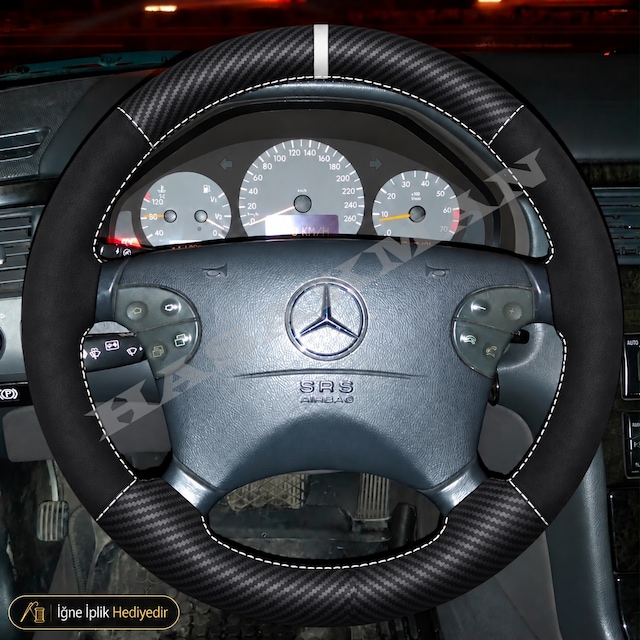 Mercedes Cls C219 Dikme Direksiyon Kılıfı Alcantara Süet Mat Karbon Beyaz Yüzük Ve Dikiş 4 Kollu-geniş Kare-oval Tuş 2004-2006