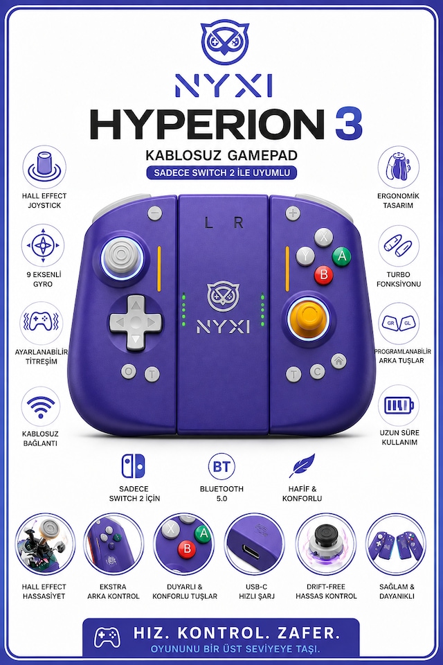 Nyxi Hyperion 3 Mor Joypad Switch 2  Hall Effect Drift Yapmayan Joystick Kablosuz Oyun Kolu Joy-con