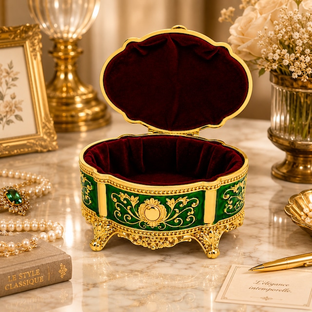 Kristal Taşlı Oval Mücevher Kutusu Kadife İç Kaplamalı Gold İşlemeli Takı Kutusu Dekoratif Saklama Kutusu Yeşil