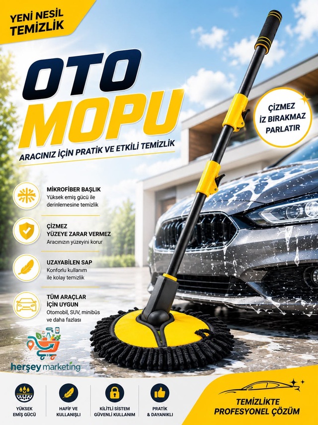 Ultra Yumuşak Premium Mikrofiber Ufak Makarna Başlıklı Teleskopik Araç Yıkama Mopu 1 Adet 50 - 110 Cm Mikrofiber Makarna Mop Havlu