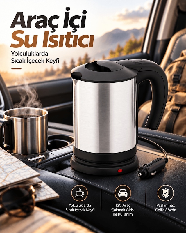 Shnstore Yolculuklar İçin 12v Araç Uyumlu Paslanmaz Çelik Taşınabilir Elektrikli Su Isıtıcı Shntknd0720