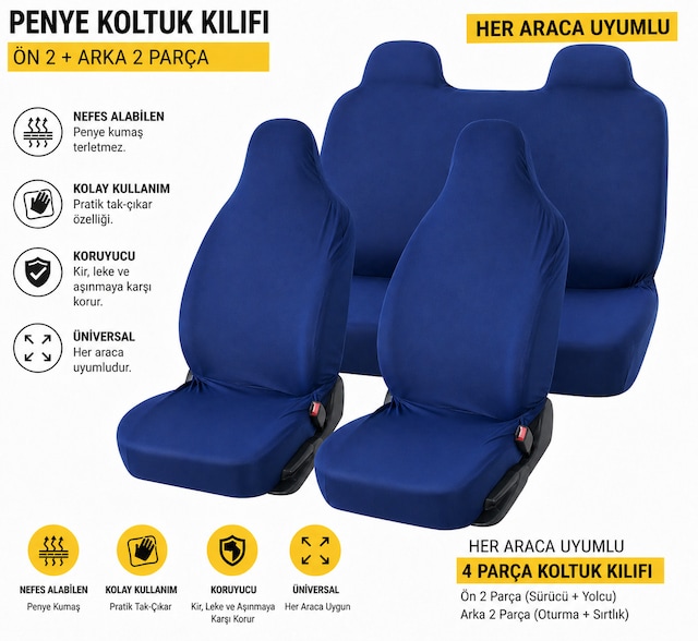 Oto Servis Kılıfı Penye Kılıf Mavi Universal Ön Ve Arka Koltuk Kılıfı Penye Universal Renk-Mavi Ön Arka Kılıf
