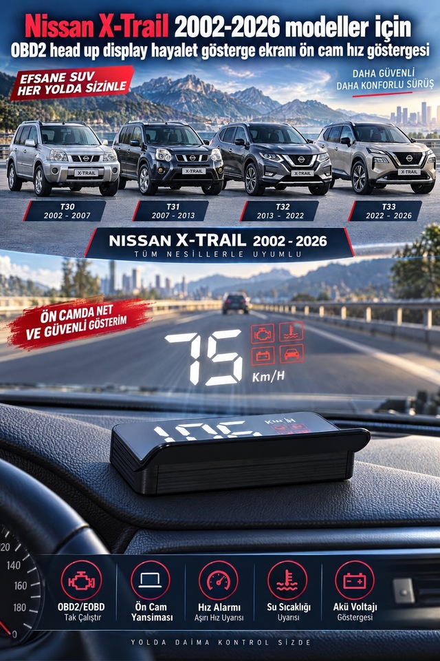 Nissan X-trail 2002-2026 Modeller İçin Obd2 Head Up Display Hayalet Gösterge Ekranı Ön Cam Hız Göstergesi
