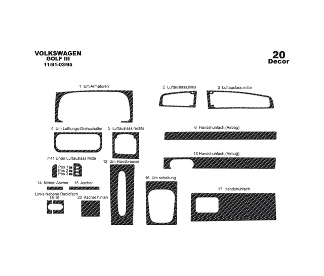 Volkswagen Golf 3 Torpido Kaplama 1991-1995 20 Parça Karbon