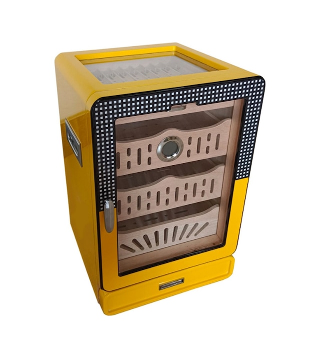 Cohiba Desenli Aksesuar Çekmeceli Camlı Sedir Humidor Puro Kutusu - Tr8821