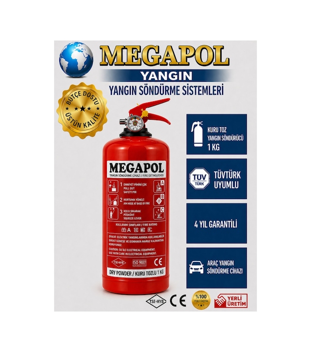 1 Kg Abc Tozlu Yangın Söndürme Cihazı, Araç Yangın Söndürme Tüpü, Yangın Tüpü