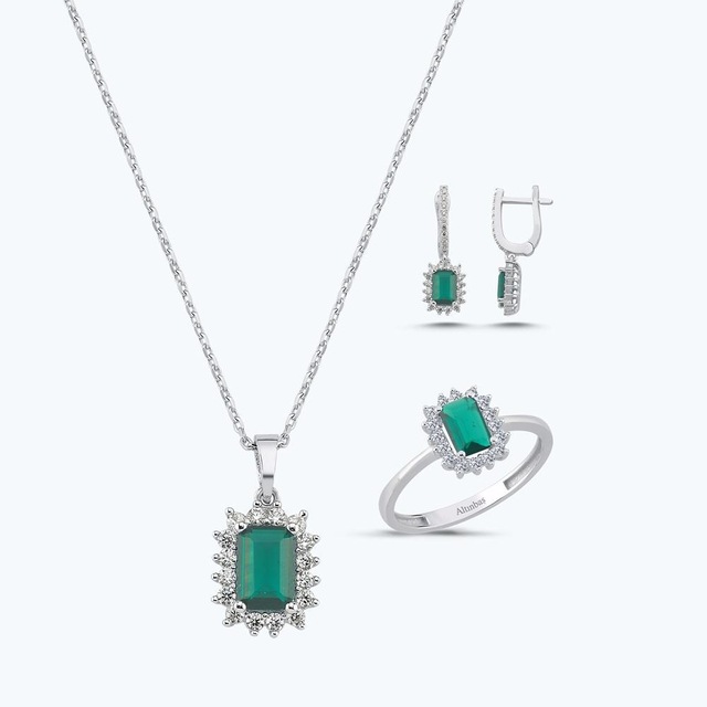 Altınbaş Yeşil Taşlı Altın Üçlü Baget Set Autk0015-b-24627-y-set