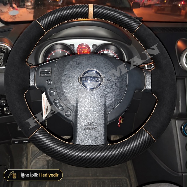 Nissan Micra K13 Dikme Direksiyon Kılıfı Alcantara Süet Mat Karbon Bej Yüzük Ve Dikiş Tekna-solu Tuşlu 2010-2013