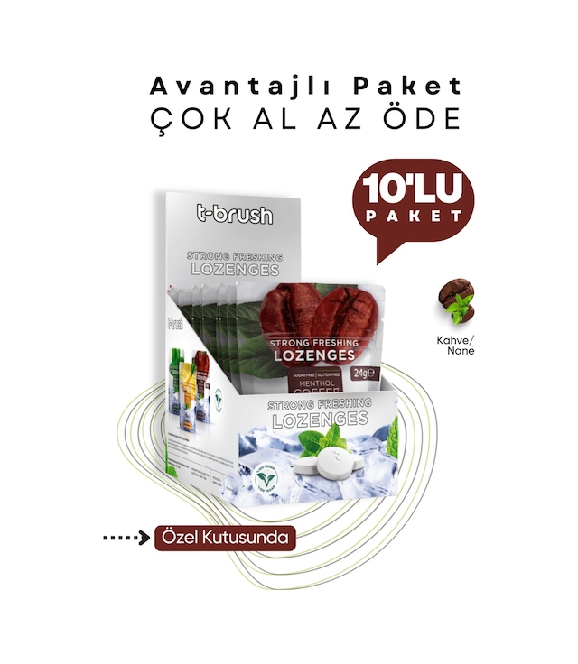 Tbrush Kahve ve Nane Aromalı Ferahlatıcı Ağız Pastili - Alkolsüz ve Şekersiz (10 Paket)