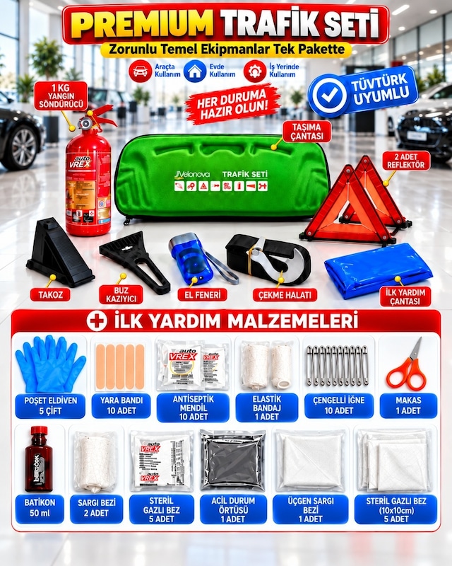 Araç Muayene Uyumlu 22 Parça Acil Durum Ve Profesyonel Trafik Seti ''ab Onaylı Ve Ce Belgeli'' Yeşil