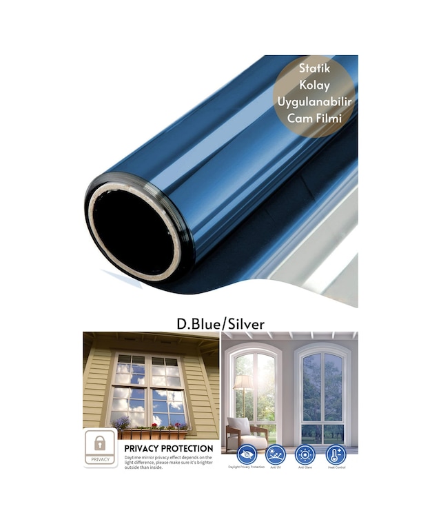 90x100 Cm Blue Silver Aynalı Cam Filmi Statik Uv Güneş Koruyucu Cam Kaplama