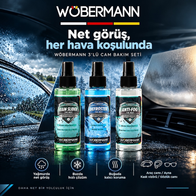 Wöbermann Cam Bakım Net Görüş Seti 3'lü Yağmur Kaydırıcı, Buz Çözücü, Buğu Önleyici