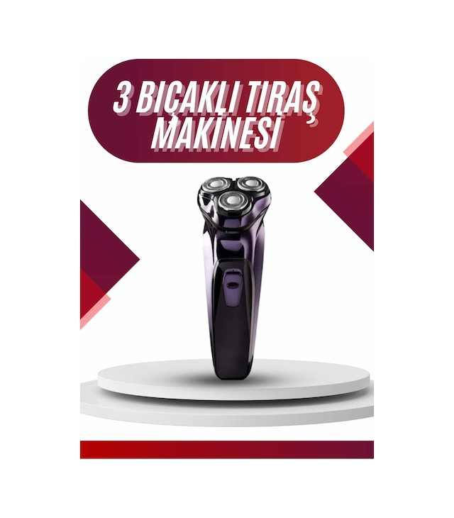 3 Bıçaklı Döner Başlıklı Sakal Sıfır Alma Tıraş Makinesi Profesyonel Paslanmaz Çelik