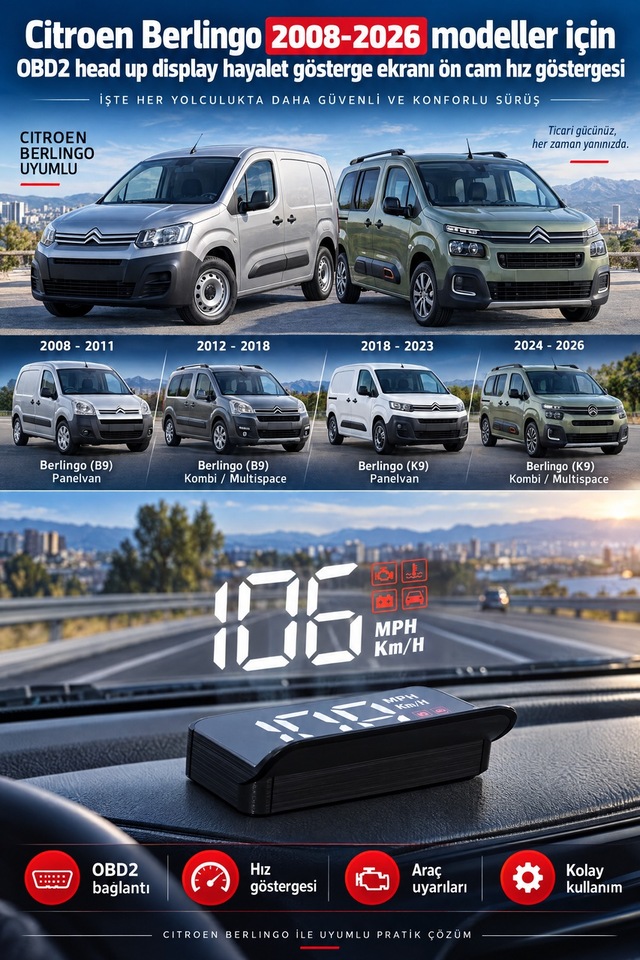 Citroen Berlingo 2008-2026 Modeller İçin Obd2 Head Up Display Hayalet Gösterge Ekranı Ön Cam Hız Göstergesi