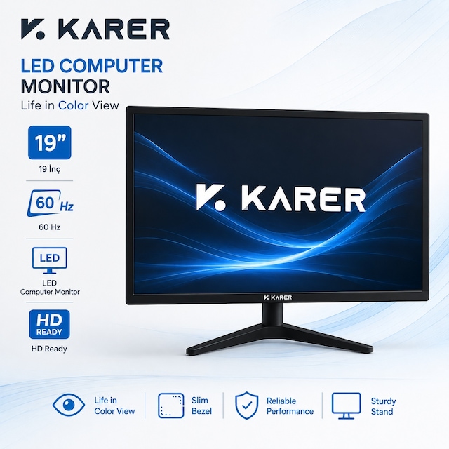Karer 19 İnç Led Bilgisayar Monitörü 60hz Hd Ready İnce Çerçeveli Masaüstü Monitör