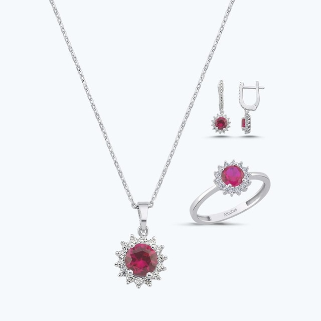 Altınbaş Kırmızı Taşlı Altın Üçlü Yuvarlak Set Autk0036-b-24627-k-set