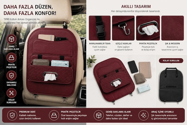 Araç Koltuk Arkası Organizer Deri Görünümlü Çok Gözlü Mendil Çıkışlı Bordo