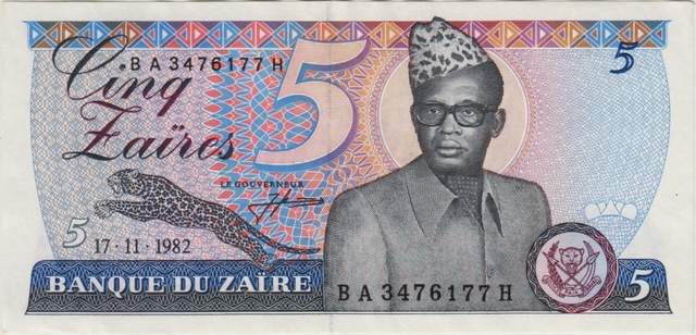 Zaire 5 Zaire 1982 Az Çıkan Tarih. Başkan Mobutu Portreli. Çilaltı+