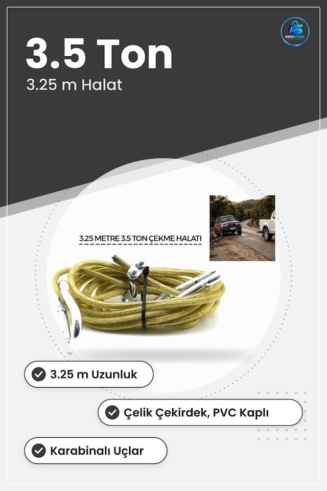 Oto Çekme Halatı 3.5 Ton 3.25 M Çelik Pvc Kaplamalı Karabinalı Ar